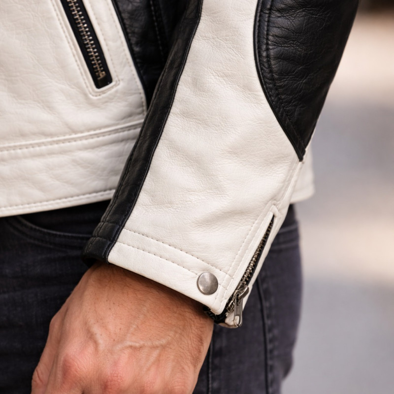 Herren Weiß Schwarze Cafe Racer Lederjacke Zentro Leather