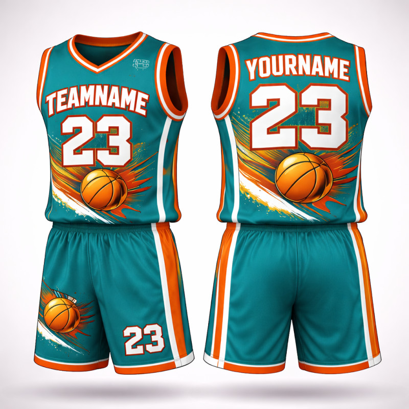 Custom Sublimated Basketball Uniform Set With Teal And Orange Splash Design, Jersey And Shorts