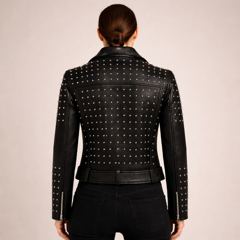 Damen Schwarze Leder Bikerjacke Mit Nieten Zentro Leather