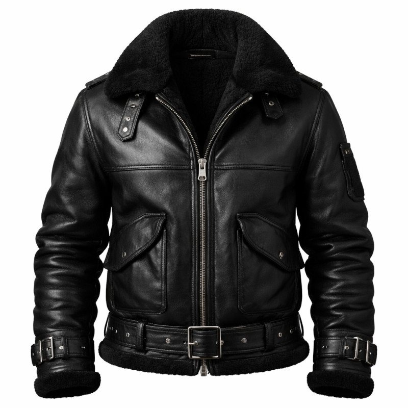 Chaqueta Aviador De Cuero Negro Con Shearling Y Cinturón Zentro Leather