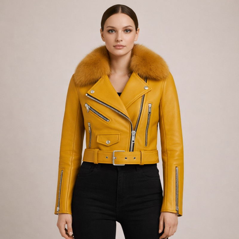 Damen Senfgelbe Leder Bikerjacke Mit Pelzkragen Zentro Leather