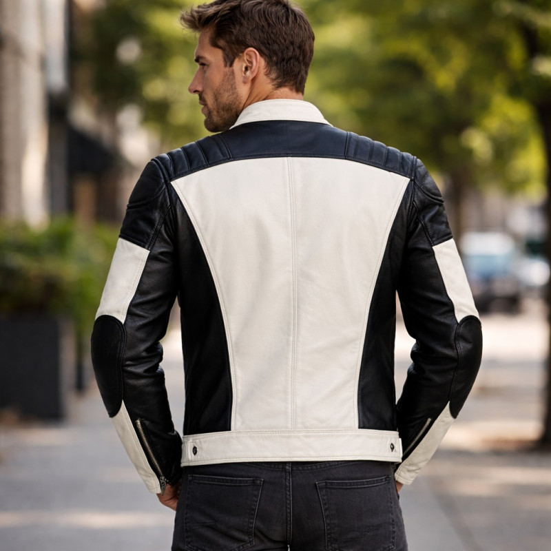 Herren Weiß Schwarze Cafe Racer Lederjacke Zentro Leather