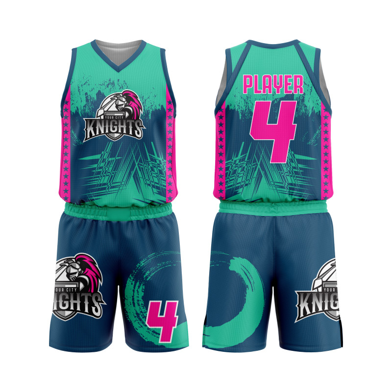 Basketbaltenue "Knights Elite" in Blauwgroen, Roze en Marineblauw met Modern Abstract Design