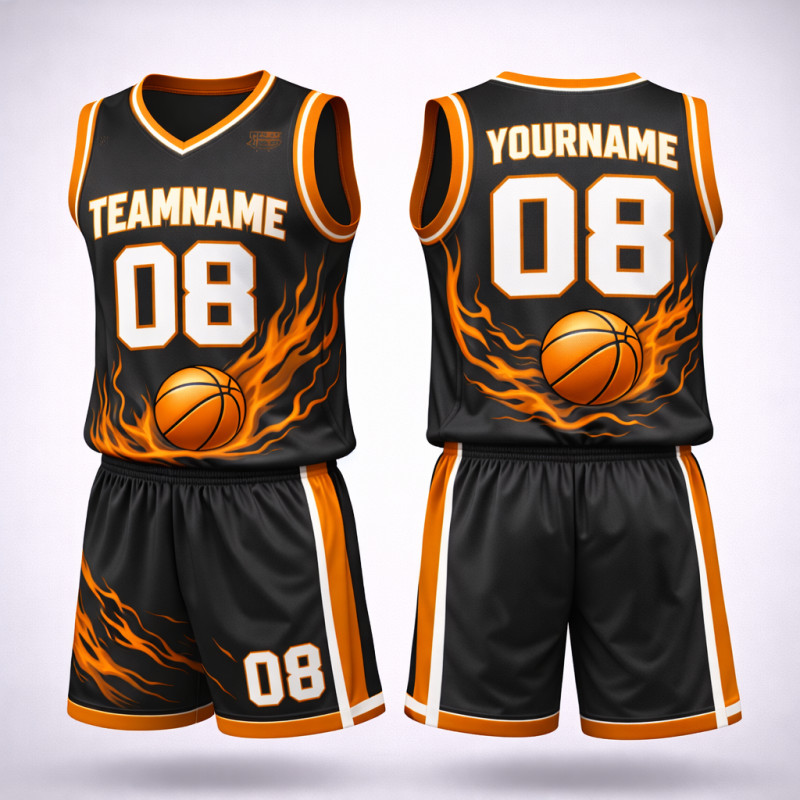 Custom Sublimated Basketball Uniform Set With Black And Orange Fire Design, Jersey And Shorts
