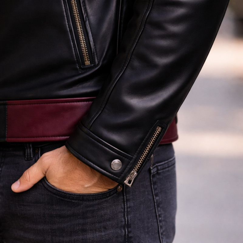 Herren Schwarze Leder Cafe Racer Jacke Mit Burgunder Details Zentro Leather