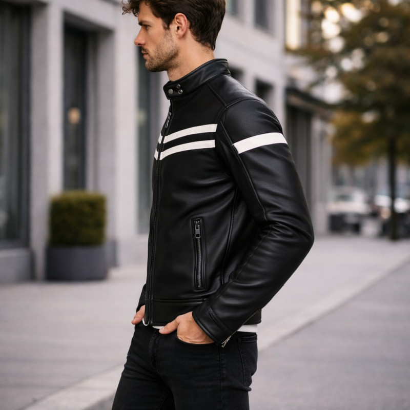 Мужская Чёрная Кожаная Куртка Cafe Racer С Белыми Полосами Zentro Leather