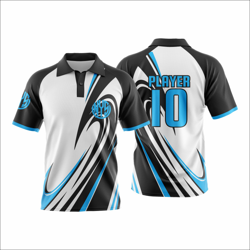 Black White and Aqua Raglan Polo Shirt with Dynamic Wave Swirl Line Graphic Design