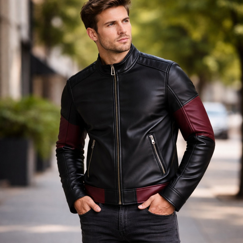 Herren Schwarze Leder Cafe Racer Jacke Mit Burgunder Details Zentro Leather