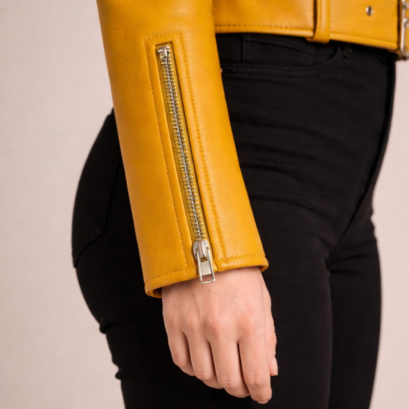 Damen Senfgelbe Leder Bikerjacke Mit Pelzkragen Zentro Leather