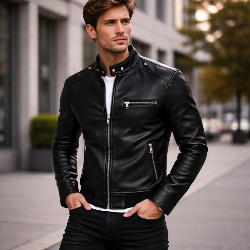 Premium Men Classic Black Leather Cafe Racer Jacket Zentro Leather Design