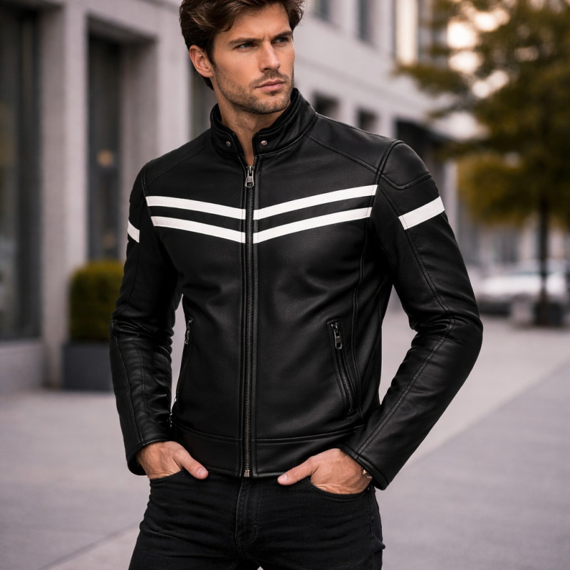 Мужская Чёрная Кожаная Куртка Cafe Racer С Белыми Полосами Zentro Leather