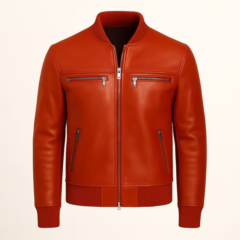 Premium Men Burnt Orange Leather Bomber Jacket Zentro Leather Design