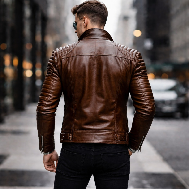 Premium Men Brown Quilted Shoulder Biker Leather Jacket Zentro Leather Design