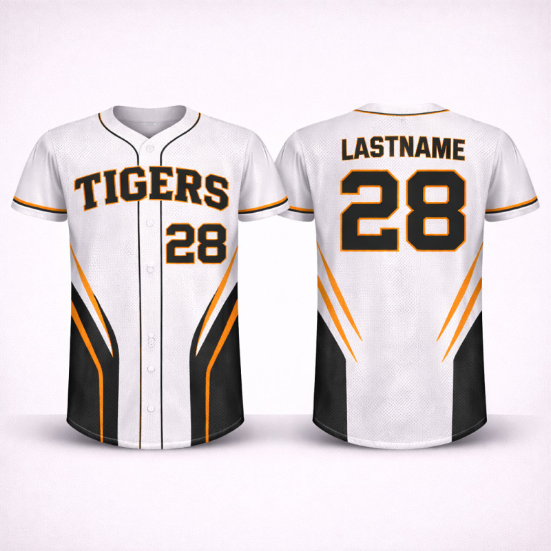 Custom Sublimated Baseball Jersey With White Black And Orange Tigers Clean Power Design