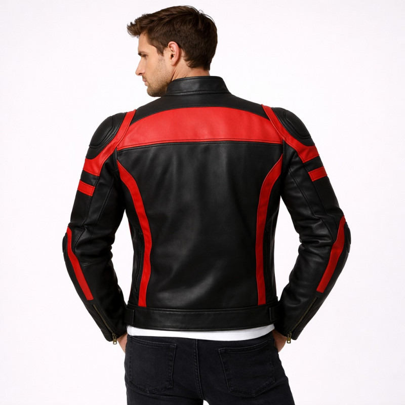 Herren Schwarz Rote Motorrad Lederjacke Zentro Leather