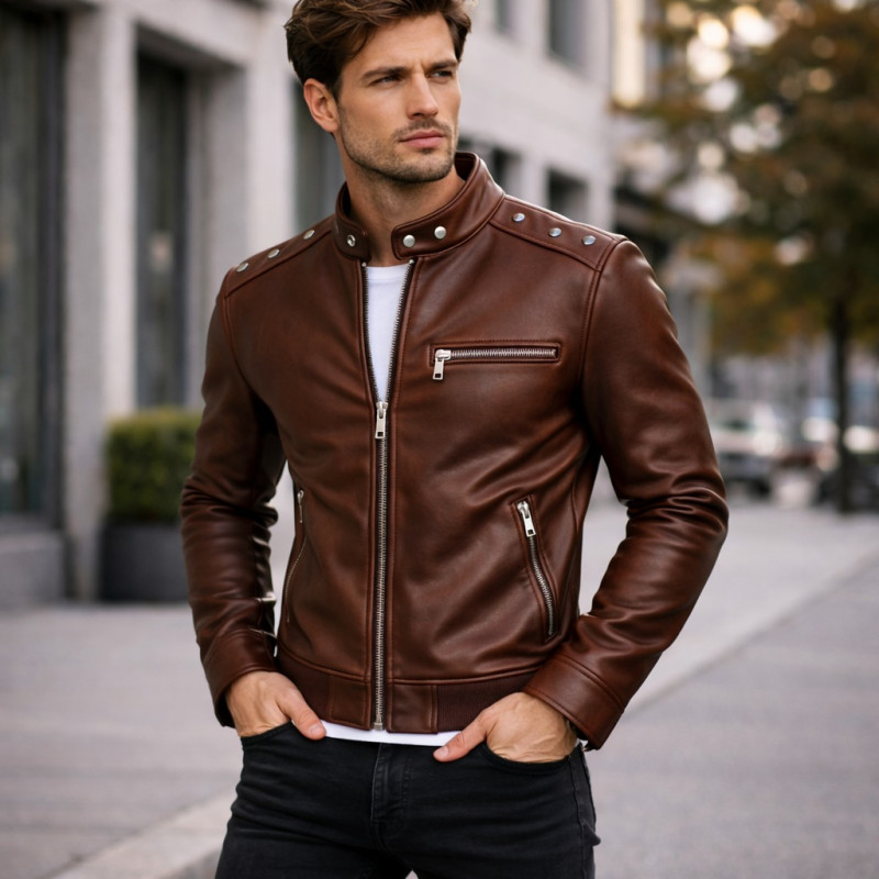Premium Men Brown Leather Cafe Racer Jacket With Shoulder Studs Zentro Leather Design