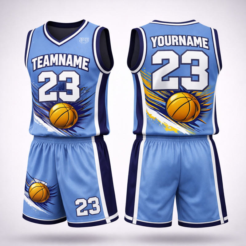 Individuelles Sublimiertes Basketball-Uniform-Set In Hellblau Und Navy Mit Splash-Design