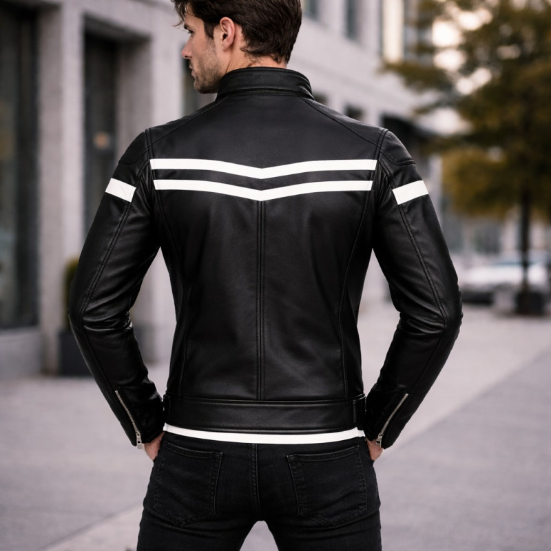 Мужская Чёрная Кожаная Куртка Cafe Racer С Белыми Полосами Zentro Leather