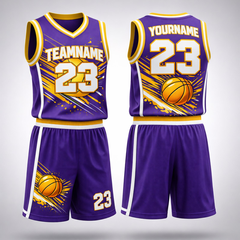 Individuelles Sublimiertes Basketball-Uniform-Set In Lila Und Gold Mit Splash-Design