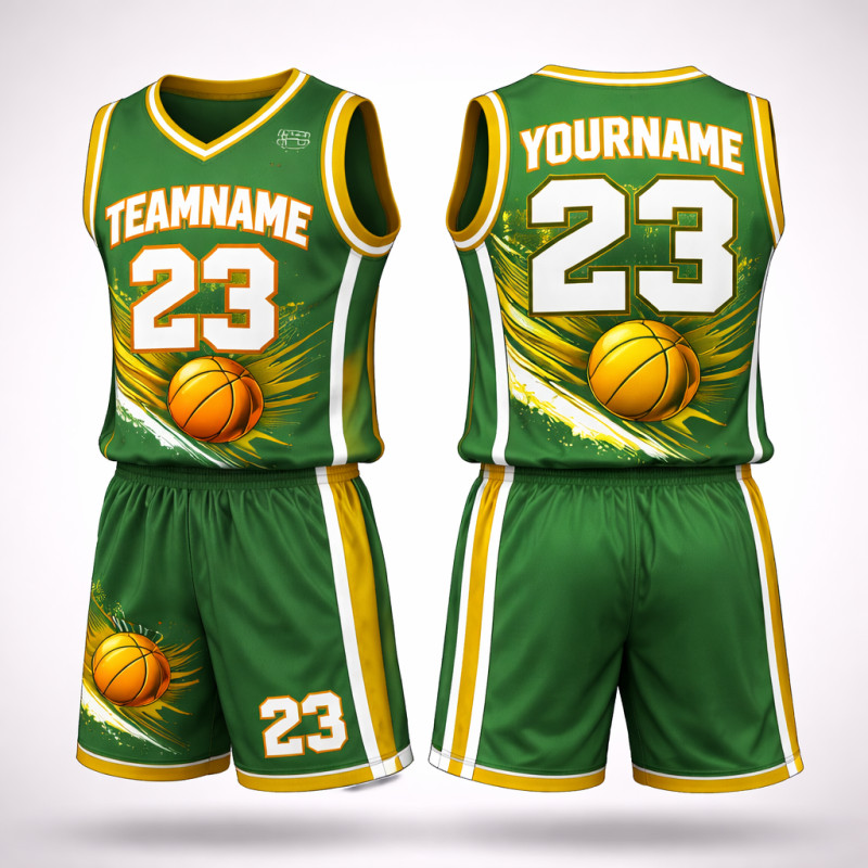 Individuelles Sublimiertes Basketball-Uniform-Set In Grün Und Gelb Mit Splash-Design