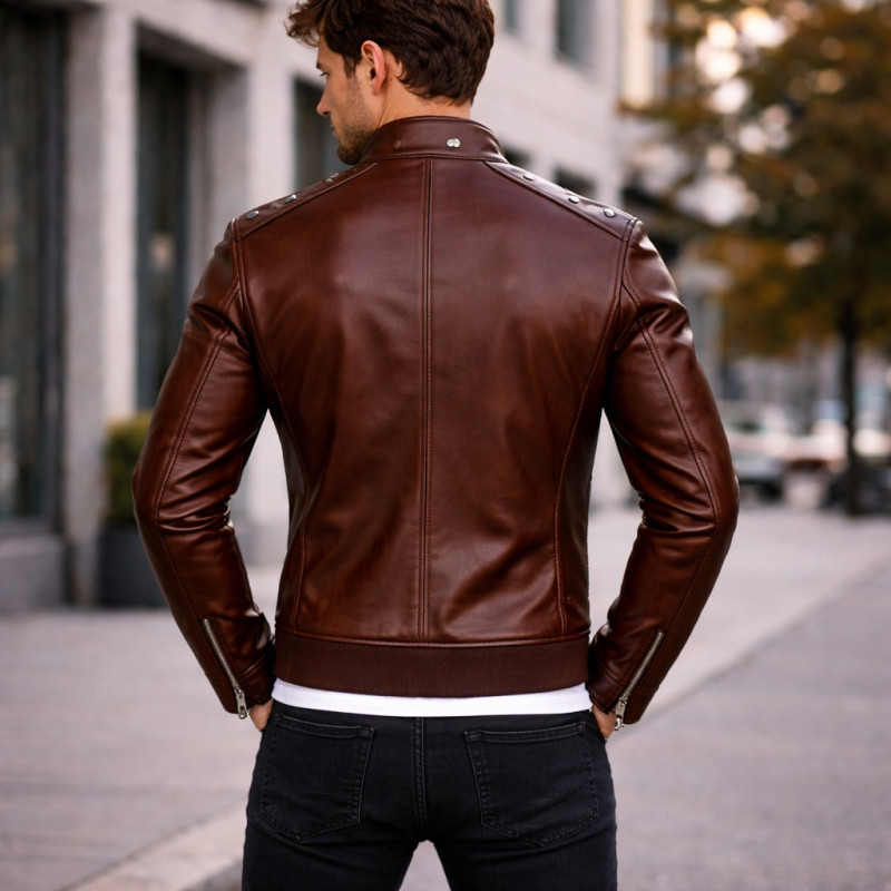 Premium Men Brown Leather Cafe Racer Jacket With Shoulder Studs Zentro Leather Design