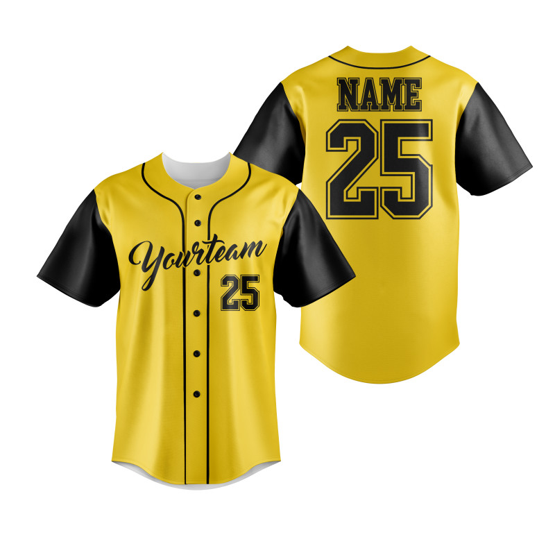 Goldgelbes Baseballtrikot mit kräftigen schwarzen Ärmeln, scharfen Kontrastpaspeln und vollständig anpassbarem Teamnamen und Spielernummer