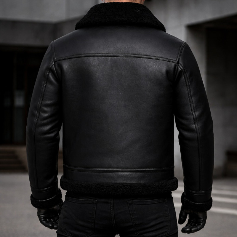 Chaqueta Bomber De Cuero Negro Con Forro De Borrego Zentro Leather