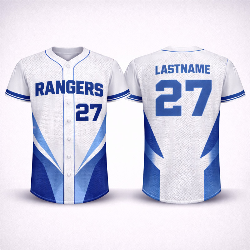Custom Sublimated Baseball Jersey With White And Royal Blue Rangers Power Wave Design