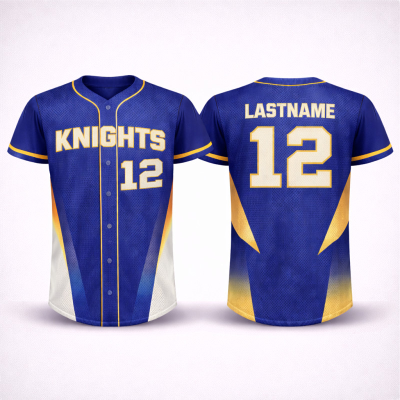 Custom Sublimated Baseball Jersey With Royal Blue And Gold Knights Elite Power Design