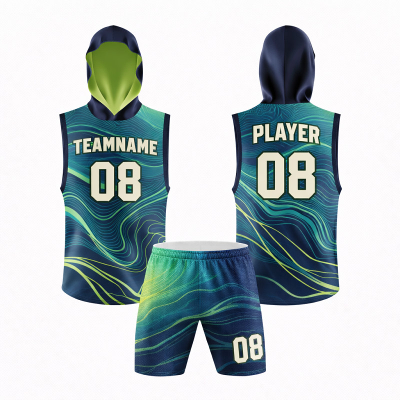 Ensemble De Basketball Sublimé Personnalisé Turquoise Et Bleu Marine Avec Design Topographique Et Capuche