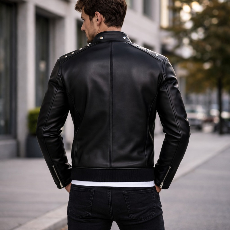 Premium Men Classic Black Leather Cafe Racer Jacket Zentro Leather Design