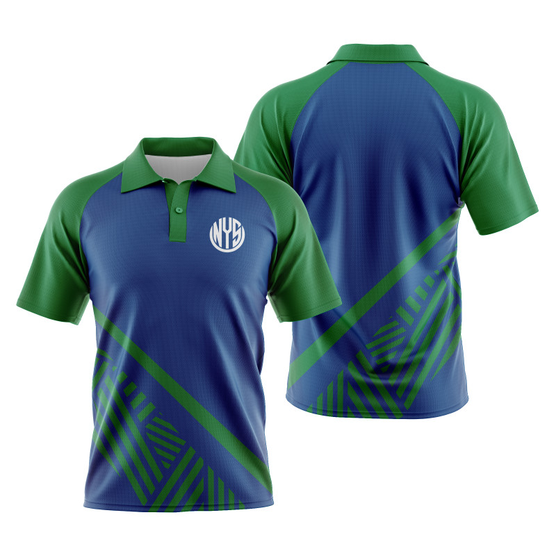 Blau-Grünes Raglan-Polo mit Diagonal Gestreiftem Geometrischem Paneeldesign