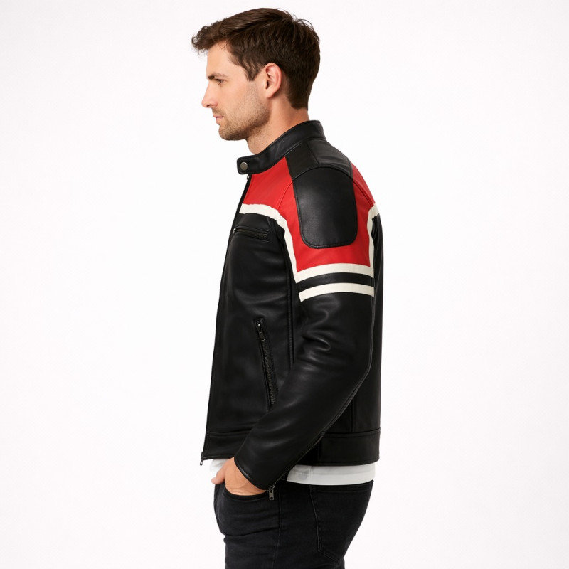 Premium Men Black Red And White Cafe Racer Leather Jacket Zentro Leather Design