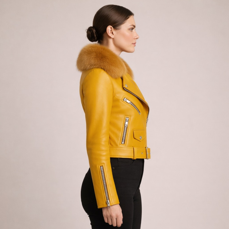 Damen Senfgelbe Leder Bikerjacke Mit Pelzkragen Zentro Leather
