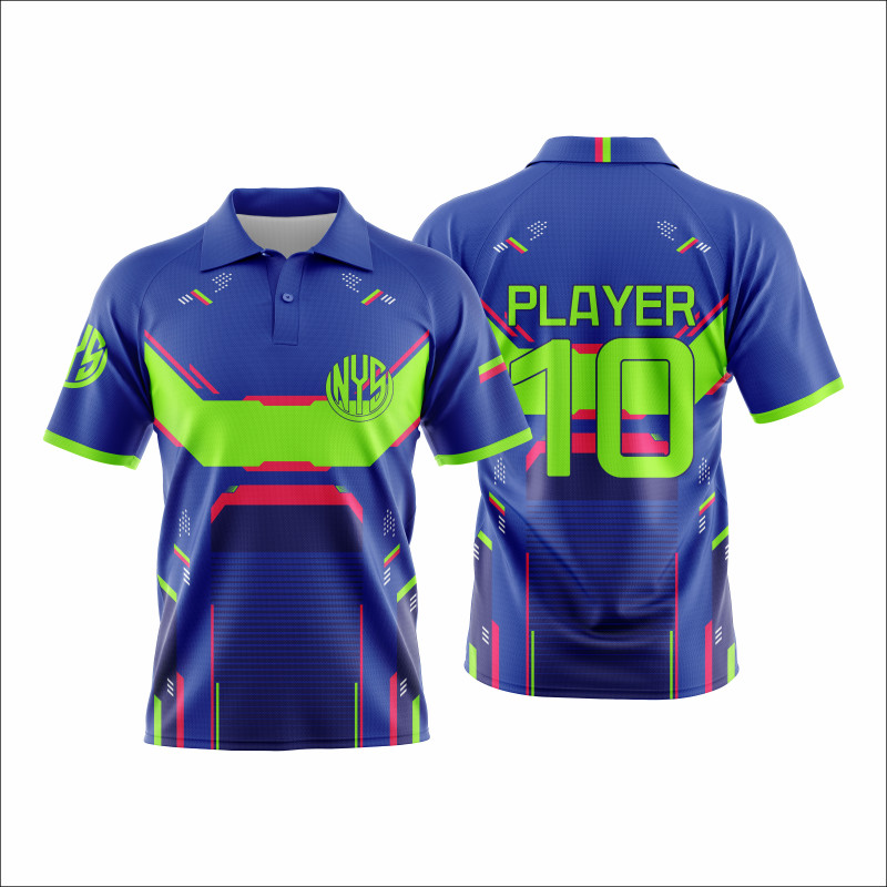 Blue Neon Green and Red Raglan Polo Shirt with Futuristic Tech Line Panel Graphic Design