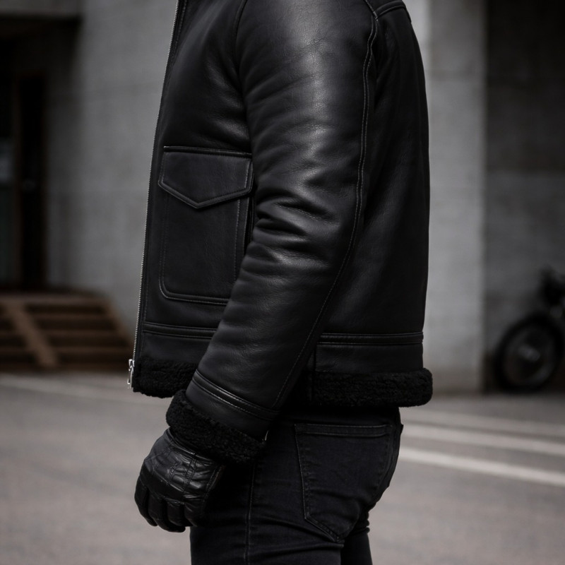 Chaqueta Bomber De Cuero Negro Con Forro De Borrego Zentro Leather