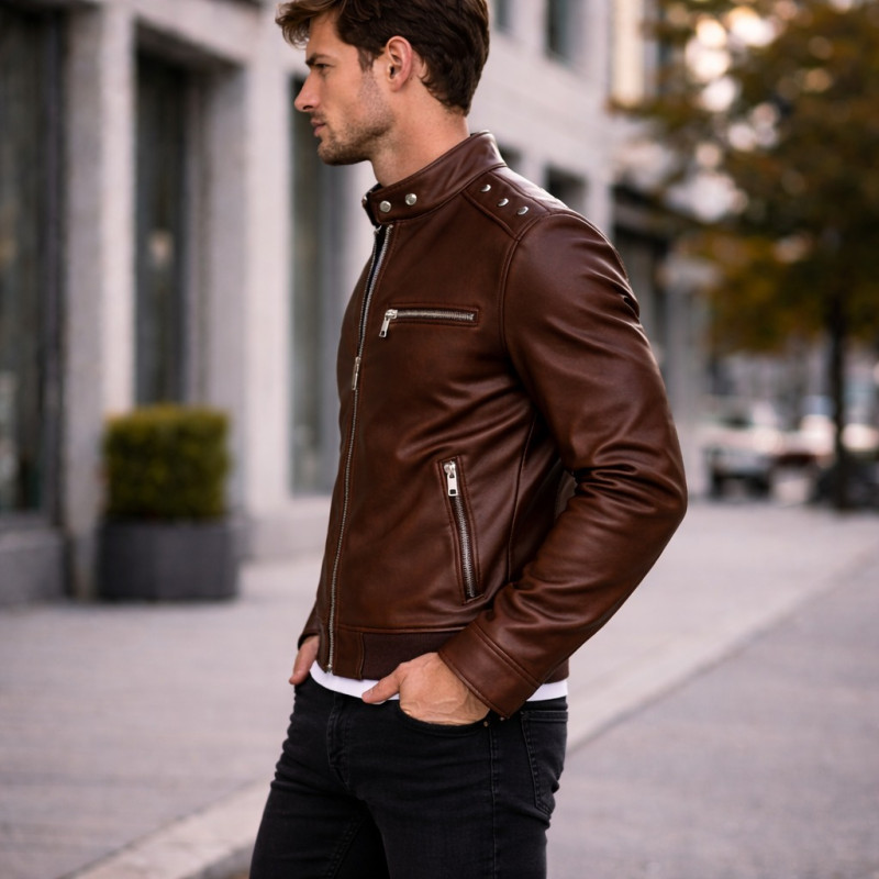 Premium Men Brown Leather Cafe Racer Jacket With Shoulder Studs Zentro Leather Design