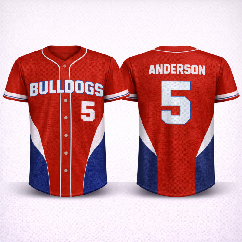 Custom Sublimated Baseball Jersey With Red White And Navy Bulldogs Power Panel Design