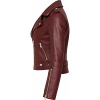 Women’s Red Leather Belted Biker Jacket – Collared Zip-Front Style - Sialwear International