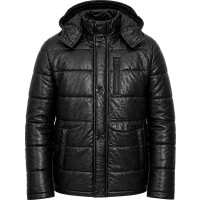 Black Leather Hooded Puffer Jacket – Premium Leather & Detachable Hood - Sialwear International