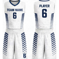 Uniforme de baloncesto blanco y azul marino con franjas geométricas