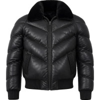 Men’s Black Sheepskin Leather Puffer Bomber Jacket – Removable Collar - Sialwear International