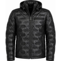 Cognac Black Leather Puffer Jacket – Detachable Hood & Zip Closure - Sialwear International