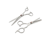 Set Profesional de Tijeras de Corte y Entresacar para Barbería en Acero Inoxidable J2-420 con Mangos Offset Ergonómicos
