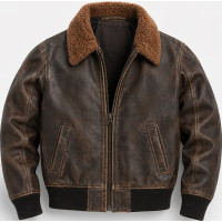 Men’s Distressed Brown Leather Flight Bomber Jacket – Shearling Collar - Sialwear International