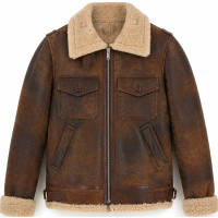 Men’s Brown Distressed Shearling Leather Jacket – Contrast Collar & Lining - Sialwear International