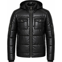 Men’s Black Lambskin Leather Puffer Jacket – Detachable Hood & Quilted - Sialwear International