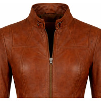 Women’s Light Cognac Lamb Leather Jacket – Slim Half-Length Zip Style - Sialwear International