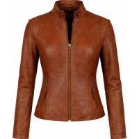 Women’s Light Cognac Lamb Leather Jacket – Slim Half-Length Zip Style - Sialwear International