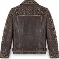Men’s Brown Studded Distressed Lambskin Leather Biker Jacket - Sialwear International